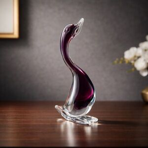 Murano style Glass Goose Bird Two Tone Paperweight Decor Purple Clear